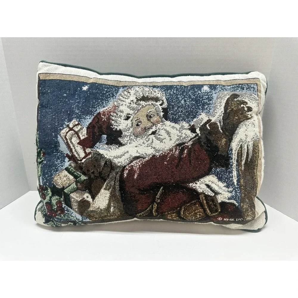 VTG Tapestry Christmas Throw Pillow Santa Sleigh Christmas Present 12